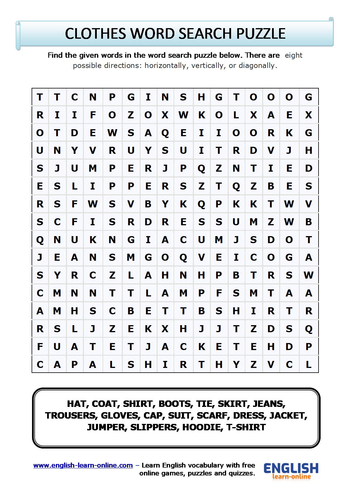 Clothes Word Search - Exercise 1 (Vocabulary worksheet) - Your