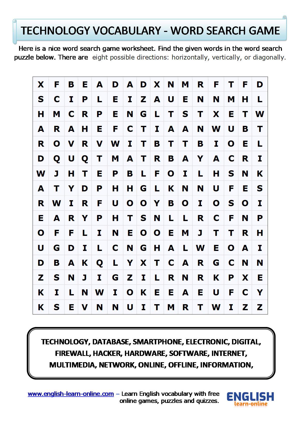 Word Search Puzzle For Technology Words